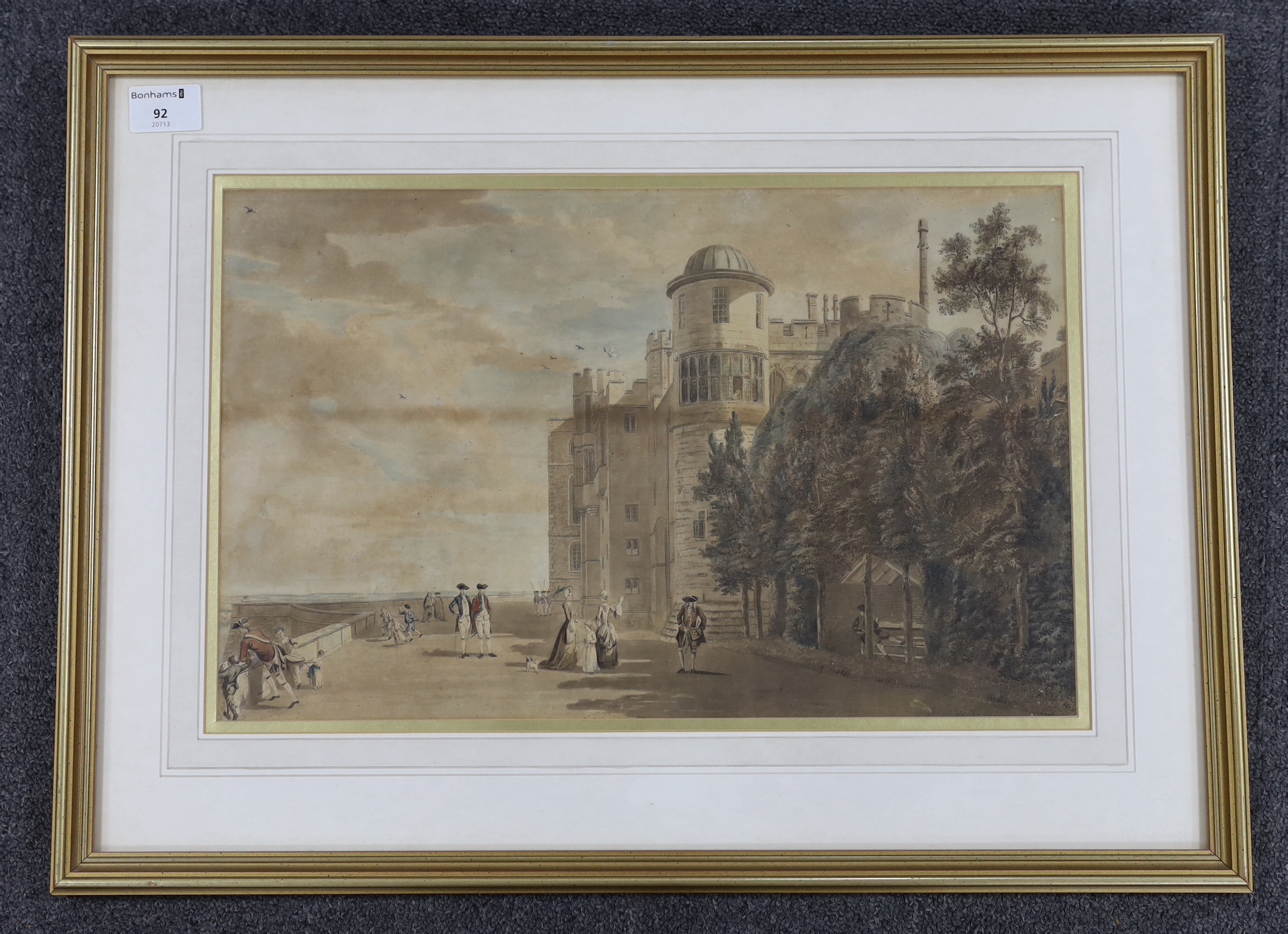 Attributed to Paul Sandby RA (1731-1809), pen, ink and watercolour, North Terrace of Windsor Castle, 29 x 44cm